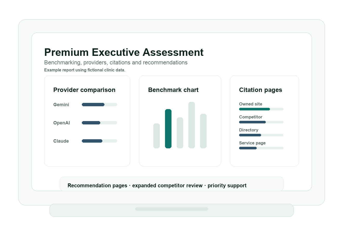 ClinicMention Premium Executive Assessment mockup with benchmarking cards